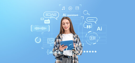 Woman using tablet, AI icons hologram, bot and machine learning