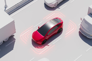 A red car with active sensors drives autonomously on a highway, surrounded by other vehicles....