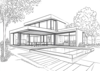 Line art illustration of an architectural house design featuring a 3D perspective