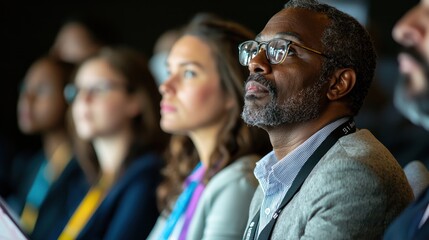 Obraz premium A diverse group of people attentively listening to a speaker at a conference