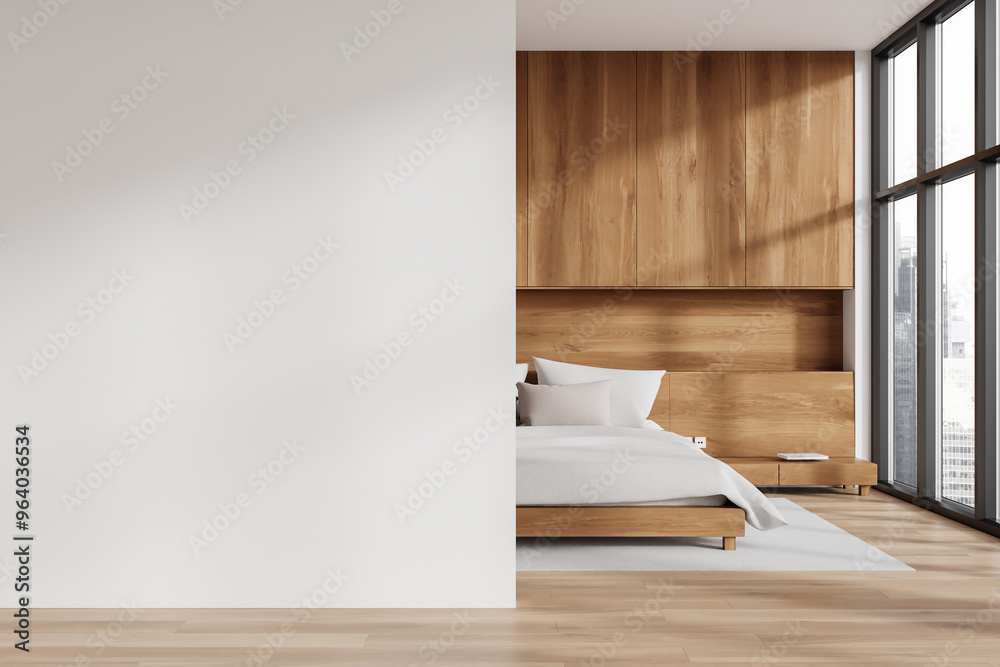 Sticker modern bedroom with blank wall for mockup. 3d rendering