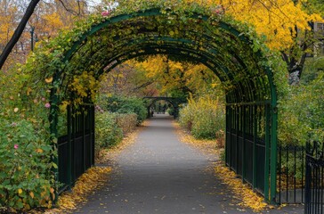 iron trellis in the shape of arches, overhanging a path through a park with green plants and trees