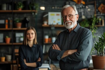 Communication Leadership: Senior Male Mentor Coaching Young Colleague on Presentation Skills in Modern Office Setting