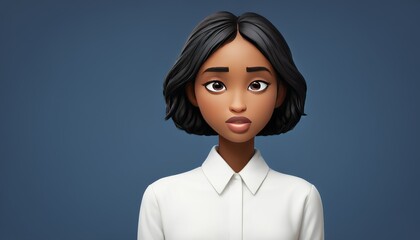 Fototapeta premium 3D animated portrait of a woman with short black hair wearing a white collared shirt. She has a calm expression and is set against a blue background. Ideal for character design, animation, and visual