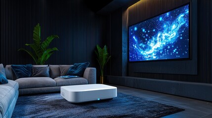 Futuristic Augmented Reality Home Theater Projector with Screen Size Options in Comfortable Home Cinema Setting
