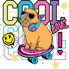 Girlish print with capybara on skate. Typography slogan  for t-shirts.  for greeting card, t shirt printing and embroidery, Graphic tee and printed tee. Girlish print