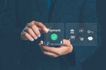Digital Banking and Online Payment Concept. Man using mobile phone for transactions and online shopping, E-transaction and financial technology modern online shopping experience, Online purchase.