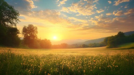 Sunrise over a peaceful meadow, symbolizing the tranquility of new beginnings