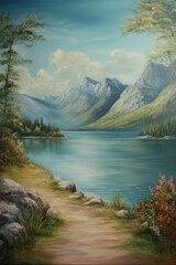 Oil painting depicting a serene landscape with mountains and a tranquil body of water showcasing the beauty of nature
