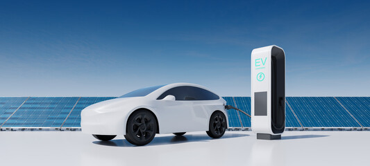 Electric vehicle charging at a station near solar panels under a clear sky. 3D rendering. Concept...