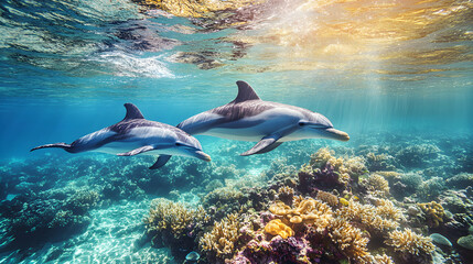 Naklejka premium A dolphin swimming alongside its calf in crystal-clear ocean water, colorful coral reefs visible below with rays of sunlight breaking through the surface