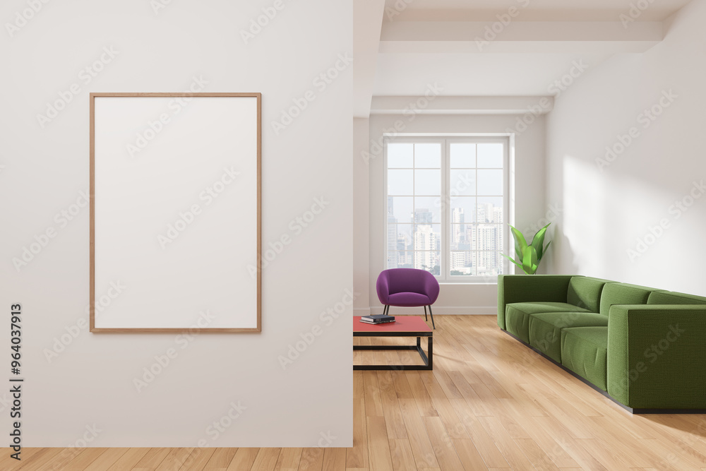 Wall mural empty poster mockup on a wall in a modern home interior with a green sofa, purple chair, and city vi