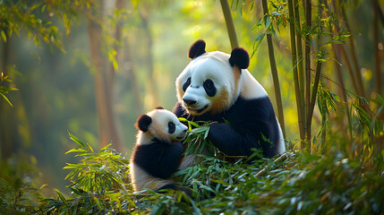 A panda sitting in a bamboo forest with its cub, lush green bamboo stalks towering around them as they peacefully eat leaves
