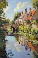 Oil painting depicting a village canal scene featuring a bridge showcasing a tranquil rural landscape with water reflections and greenery