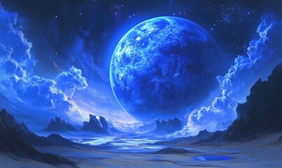 Fantasy fractal depicting a vibrant blue planet