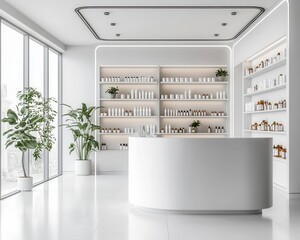 White minimalist pharmacy store, with sleek counters, modern shelving, and clean surfaces, organized and bright, 3D Render, Photorealistic