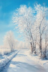Obraz premium Oil painting depicting a serene scene of trees blanketed in white frost on a sunny winter day showcasing a clear blue sky and a tranquil road