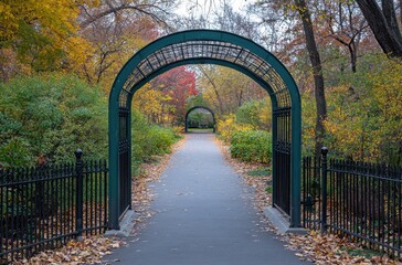 iron trellis in the shape of arches, overhanging a path through a park with green plants and trees