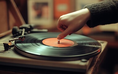 Obraz premium Nostalgic Moments: Person Holding Vintage Vinyl Record with Retro Tones and Turntable in Background
