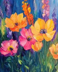 Close up oil painting of vibrant natural flowers set in a serene park environment