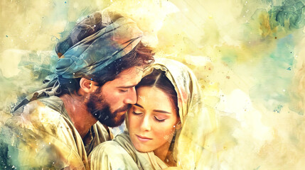 Mary and Joseph share a tender embrace, surrounded by soft colors that evoke deep emotion and a sense of unity in their sacred bond