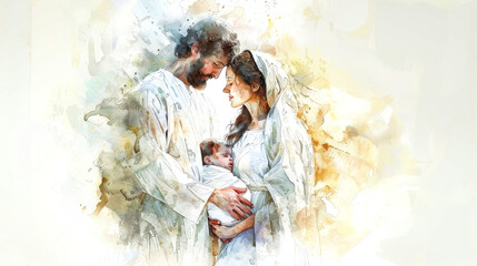 Expectant Mary and Joseph stand together, gazing lovingly at their unborn child with gentle expressions in a serene, ethereal watercolor setting