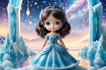 Cute little 3D doll in children's cartoon style, animated fantasy. Artistic background. Artistic illustration. Cartoon stylized illustrated art.