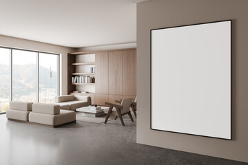 Modern living room with blank poster on wall. 3D Rendering