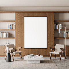 Wooden home living room interior with armchairs and shelf, mockup frame