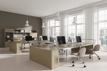 Modern open space office interior with multiple workstations, beige furniture, and large windows overlooking a cityscape. Concept of business workspace. 3D Rendering