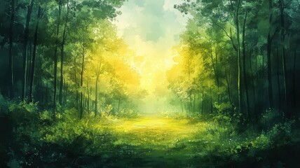 Fototapeta premium Watercolor style forest with fluid brushstrokes and lush greenery.
