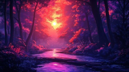 Synthwave style forest with neon colors and retro-futuristic elements.