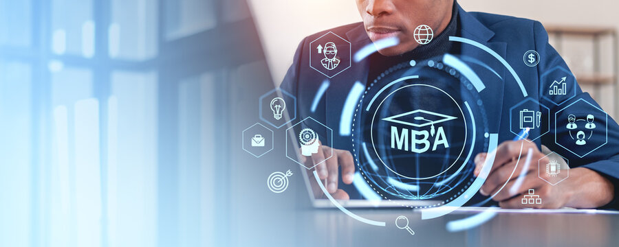 Person studying with digital MBA hologram interface on blurred b