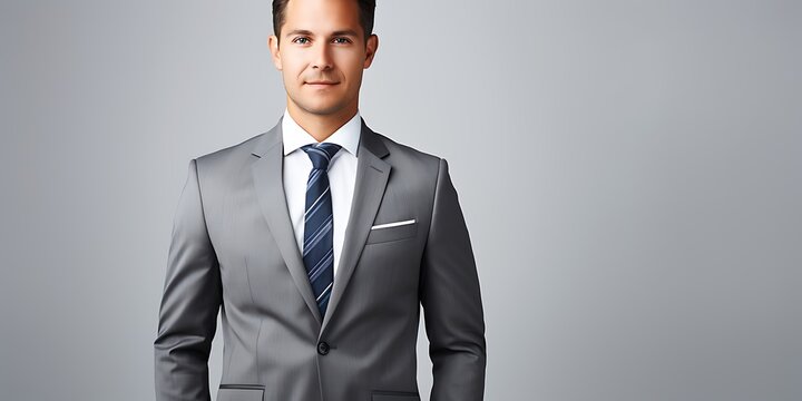 Portrait of handsome businessman in grey suit. Business and success concept.