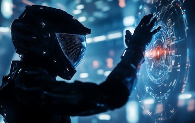 Naklejka premium Futuristic Sci-Fi Competitor in Black Armor Suit Launching Holographic Display at Arena