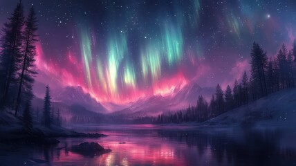 Fototapeta premium Surreal style northern lights with dreamlike auroras and imaginative colors.