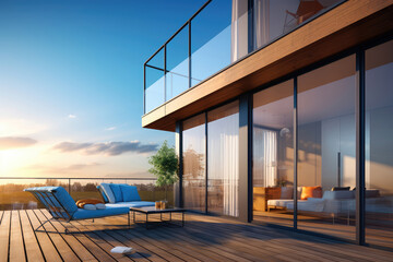 Fototapeta premium Modern Home Terrace with Stunning Sunset View
