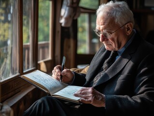 Strategic Planning for Success: Elderly Man Focused on Writing Key Business Strategies in Notebook, Exemplifying Leadership