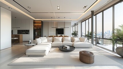 Modern minimalist open-plan living and dining area in a spacious apartment, large windows, clean lines, neutral color palette, white, beige, gray, elegant and comfortable furniture. Generative AI.