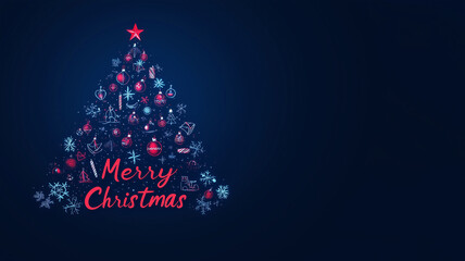 Abstract Christmas tree shape made of Christmas decorations, text "Merry Christmas", dark blue background. Christmas ornaments in the shape of a Christmas tree. Christmas greeting card, business chris