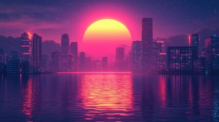 Fototapeta premium Synthwave Style city with neon lights and a retro-futuristic skyline.