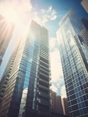 Fototapeta premium Sunlit Skyscrapers Against Blue Sky in Urban Jungle