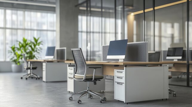 A modern office area with desks and computer workstations