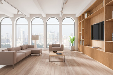 Bright modern living room featuring large arched windows with city views, a cozy beige sofa, wooden shelves, and a coffee table on a wooden floor. 3D Rendering