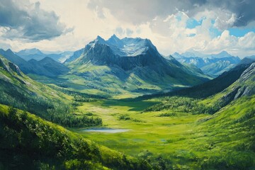 Fototapeta premium Aerial oil painting showcasing a breathtaking highland mountain landscape