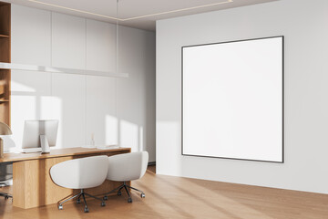 Spacious modern office with a wooden desk, white chairs, and a blank poster on the wall. Minimalist design with natural light. Concept of business workspace. 3D Rendering