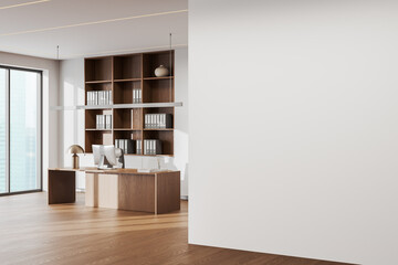 Light business interior with ceo desk near panoramic window, wall mockup