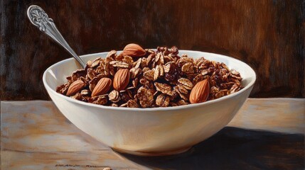 Obraz premium Oil painting depicting a delightful bowl of chocolate cornflakes and almonds showcasing nutritious granola as a wholesome food option