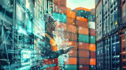 A logistics manager in a safety vest uses a tablet, surrounded by cargo boxes and digital data visualizations in the background