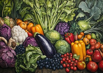 Oil painting depicting a variety of vegetables showcasing diverse vegetable types and colors